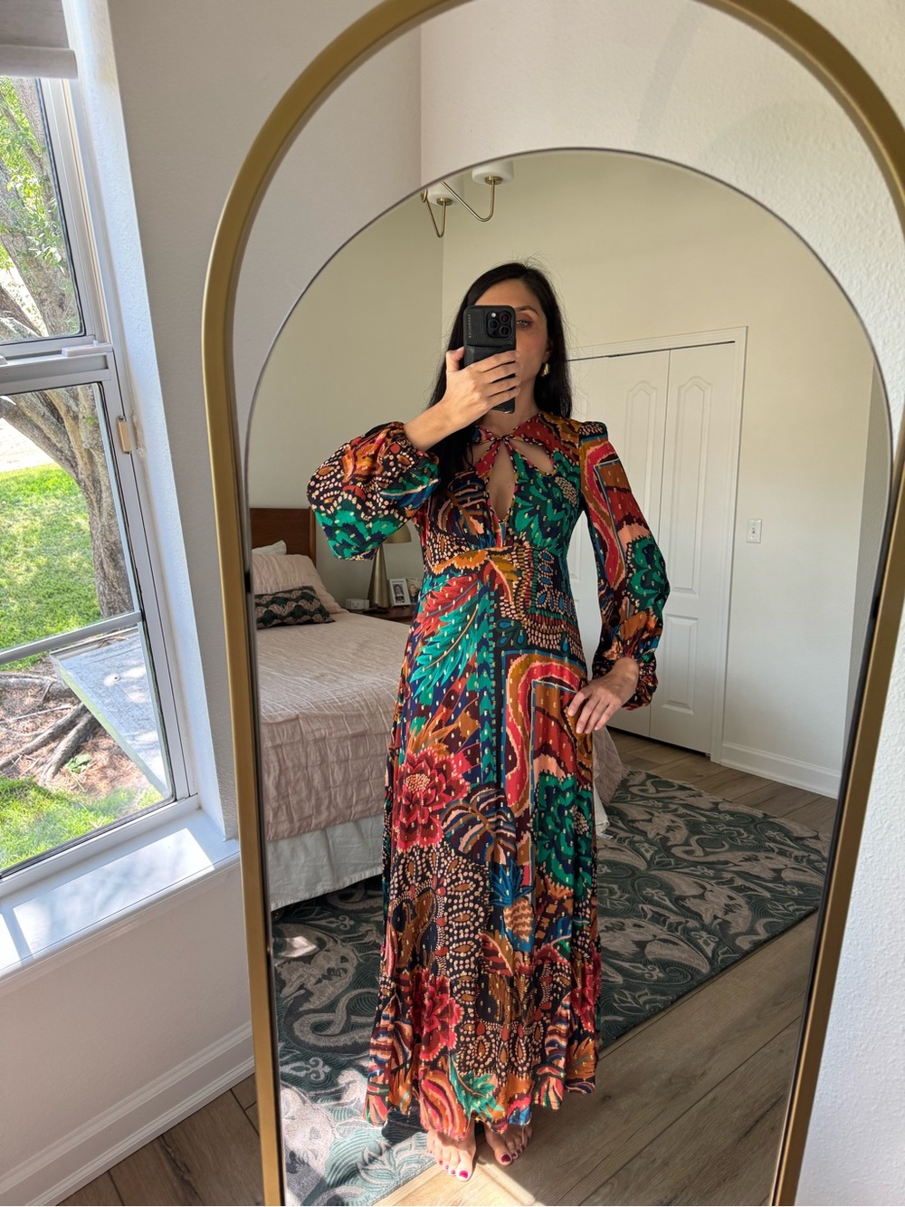 FARM Rio Tropical Floral Metallic Maxi Dress – Size P (Approx. US Small)